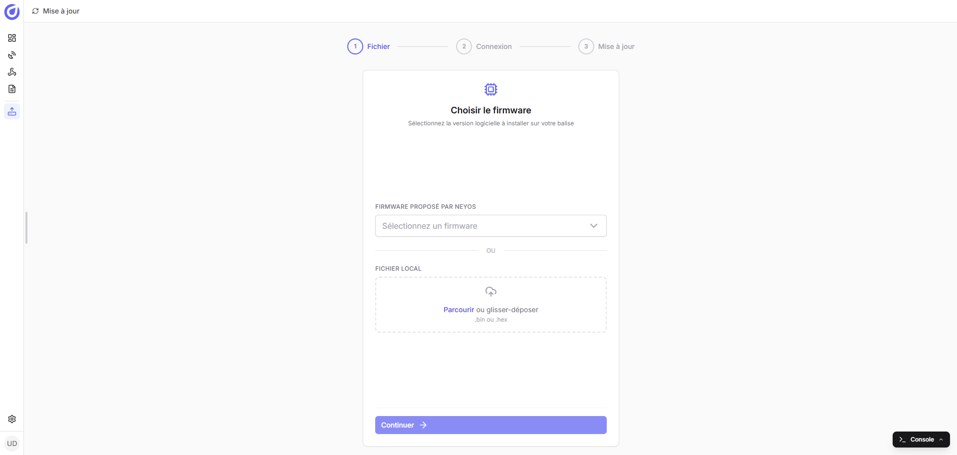 Portail de mise à jour Neyos avec sélection du firmware